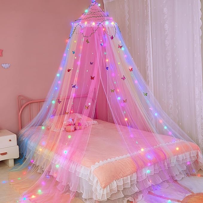 FIOBEE Bed Canopy for Girls Room Bed Canopy Curtains with Led Lights Mosquito Net DIY Princess Room Décor with Stars Butterflies for Kids Bedroom, Multi-Color