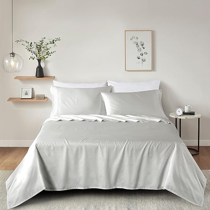 100% Supima Cotton Sheets 600 Thread Count,Bed Sheet Set King Size Sheets 4 Pieces, Soft & Silk Sateen Weave, Fits Mattress Up to 18'',Deep Pocket, Breathable & Fade Resistant(Silver Grey,King