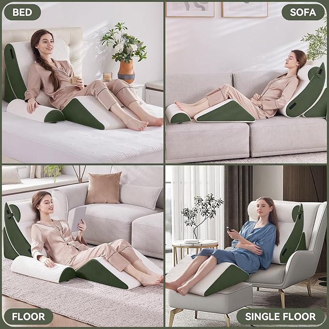 Wedge Pillow Set for After Surgery, 5 PCS Bed Wedge Pillow for Sleeping, Memory Foam Orthopedic Back Adjustable Pillow for Pain Relief and Acid Reflux with 2 PCS Axilla Pillow Green