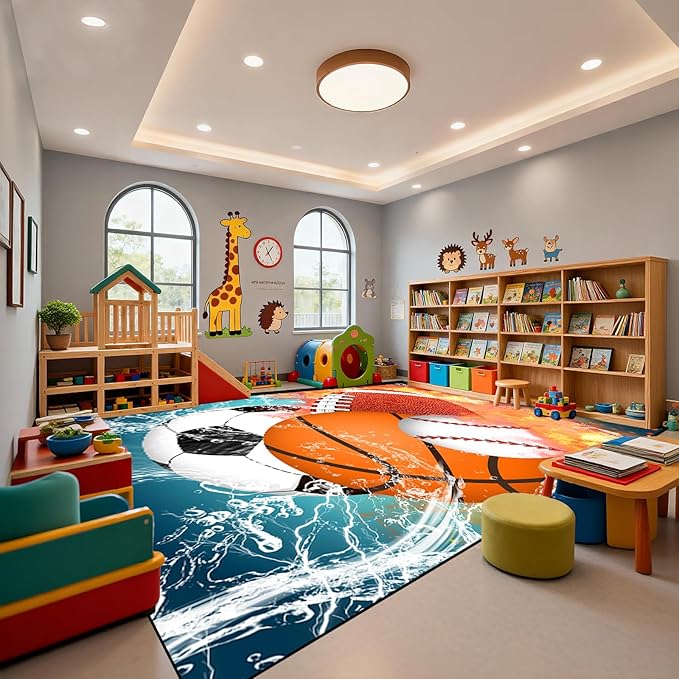 Basketball Rug 8'x10' - Basketball Rug for Boys Bedroom Kids Football Mat Water Fire Sports Rugs Boys Room Soccer Rugs Baseball Carpet for Playroom Living Room Bedroom Decor
