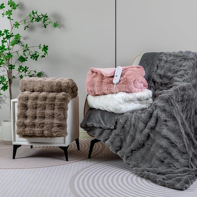 Heated Blanket Electric Queen- 84"x90" Soft Thick Bubble Electric Blanket for Sofa with 5 Heat Levels & 10 Hours Auto-Off Overheat Protection, Warm Cozy Gifts, Beige