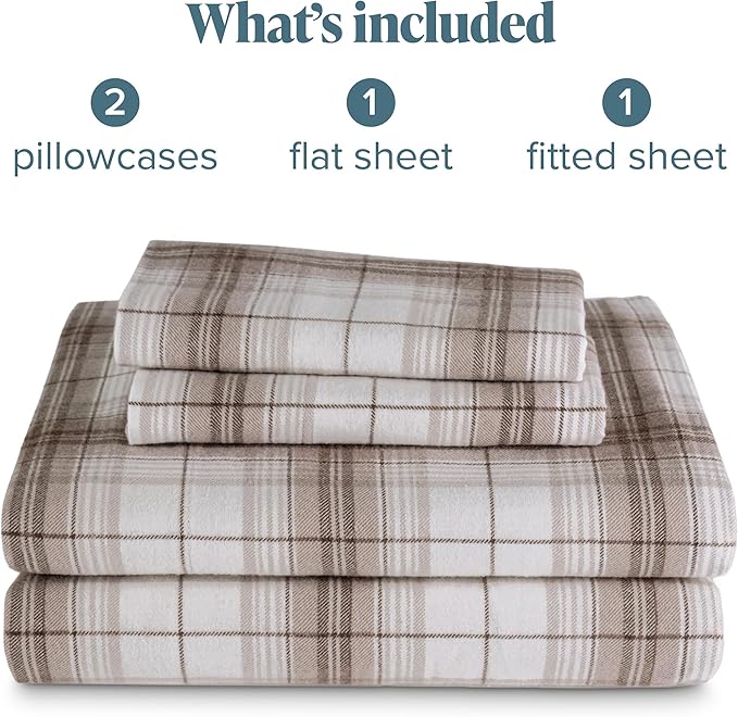 Bare Home Cotton Flannel Sheet Set Prints, 100% Cotton, Velvety Soft Heavyweight - Double Brushed for Softness & Comfort - Deep Pocket - Bed Sheets (Queen, Chesapeake Plaid - Neutral)