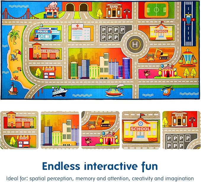 Booooom Jackson Kids Car Rug 39x79 inch, Car Mat for Kids Toy Cars,Road Carpet Playmat Rug,Buildings Parking Helipad Printed on,Non-Slip Play Race Track Carpet for Play Room Bedroom
