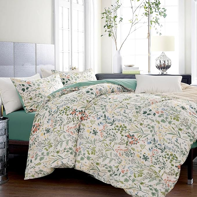 Duvet Cover Queen Size Floral 100% Brushed Microfiber Chic Flower Branches Pattern Bedding Set 3 Pieces for All Seasons, 1 Duvet Cover and 2 Pillowcases with Zipper Closure (Floral, Queen)