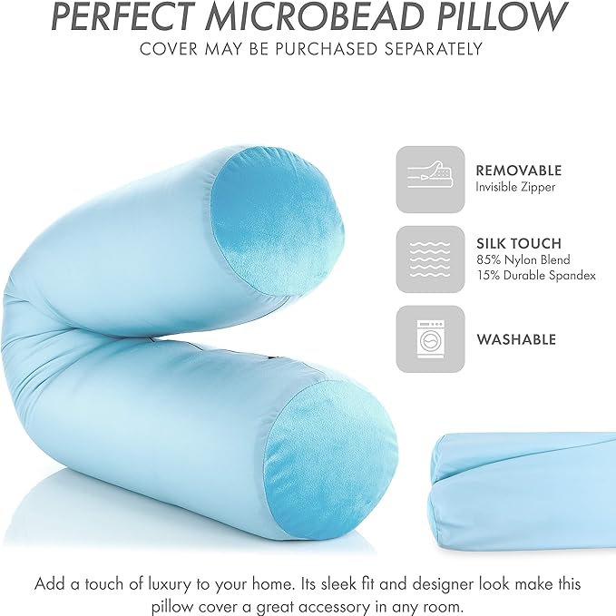 Straight Body Pillow, Full Size Premium Microbead,Side Sleeping/Maternity Pregnant Women, Supportive,Fluffy, Breathable, Cooling, 85/15 Spandex/Nylon Silky Anti-Aging - 48 X 8 - Sweet Baby Blue