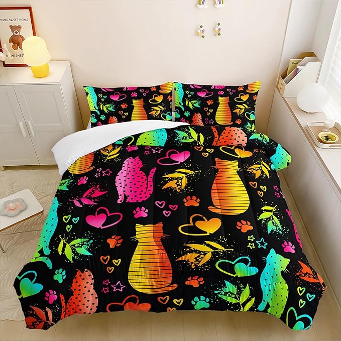 Kawaii Cat Animal Comforter 3Pcs Queen Lovely Pet Cat Bedding Set for Kid Teen Girl Boy Adult Room Decor Cartoon Kitten Paw Heart Bamboo Leaf Pattern Quilt with 1 Comforter and 2 Pillowcases