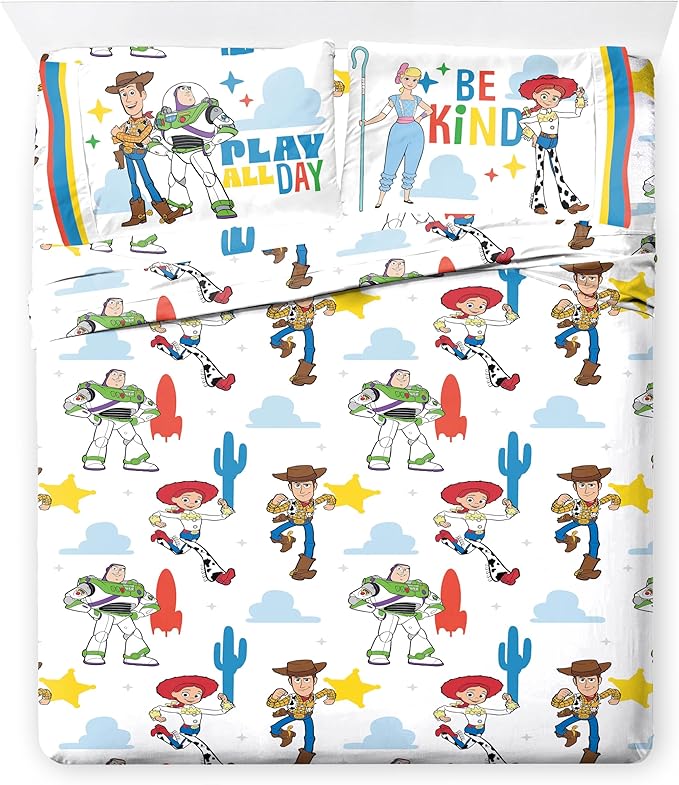 Jay Franco Kids Comforter Set Includes Sheets and Pillow Cover - Soft and Cozy Bed Set for Stylish Room Décor, Blue - Toy Story, 7 Piece Queen