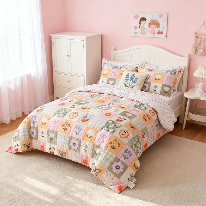 Mooreeke Kids Full Comforter Sets for Girls 8 Pieces Floral Butterfly Bedding Set for Teens Microfiber Splice Block Flower Kids Bed in A Bag with Comforter, Sheet Set, Shams and Decorative Toy Pillow