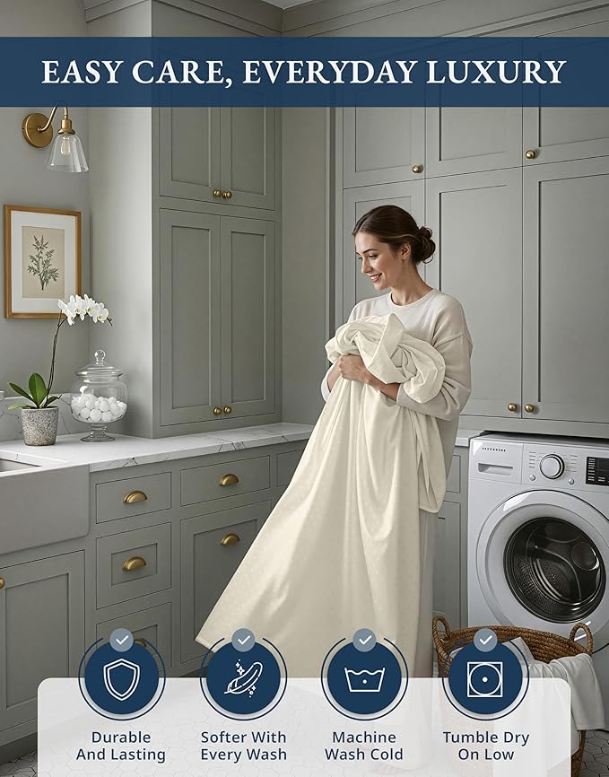 LANE LINEN 100% Egyptian Cotton Full Size Sheets, No Pill Cooling Sheets Full, Soft & Comfy Sateen Weave for Silky Smooth Finish, Available in Variety of Colors Jaquard Swiss Dot - Ivory