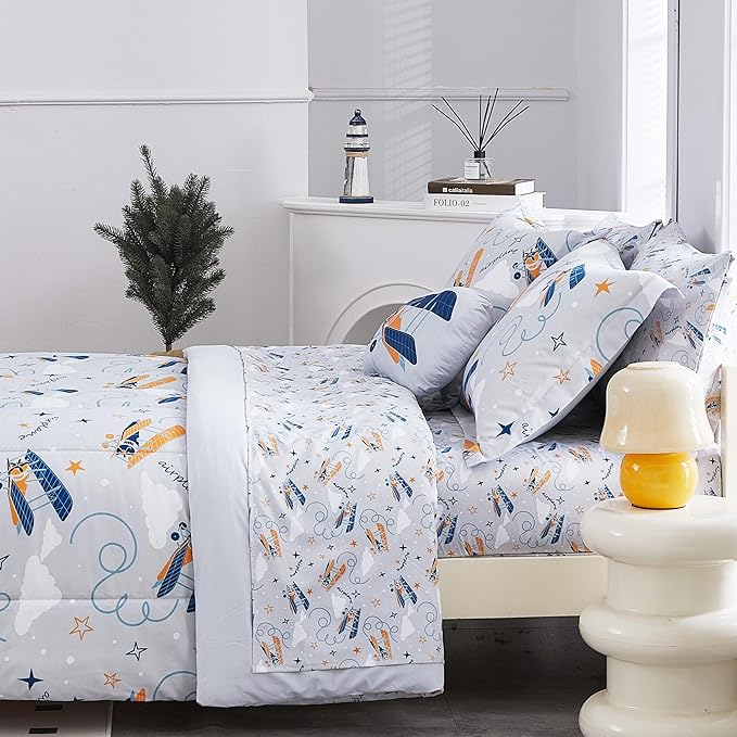Mooreeke Full Size Comforter Sets for Boys Kids, 8 Pieces Bed in a Bag Grey Glider Bedding Comforter Sheet Set with Shams and Decorative Toy Pillow, Ultral Soft Microfiber Kids Bed Set