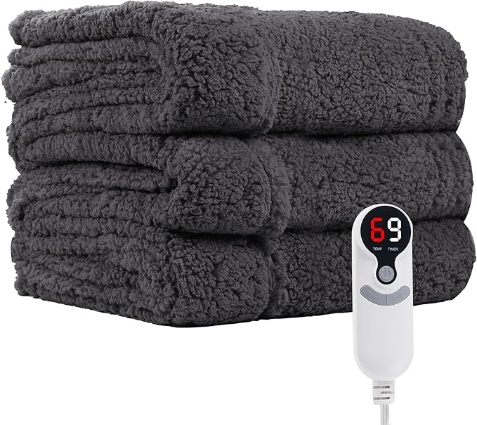 Electric Heated Blanket Twin Size 62"×84" with 6 Heating Levels & 1-10Hs Auto Off, Heating Blanket Double Sided Plush Sherpa, Fast Heating, Machine Washable for Christmas Gift - Dark Gray