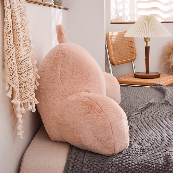 A Nice Night Faux Fur Soft Reading Pillow Bed Wedge Adult Backrest with Arms Back Support for Sitting Up in Bed/Couch for Bedrest,Pink,Large