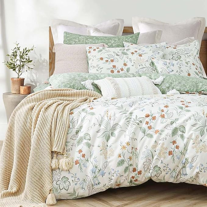 Floral Duvet Cover Full Size Green Flower Bedding Set with Colorful 3Pcs Botanical Garden Aesthetic Leaves Comforter Cover with Zipper Closure & Corner Ties