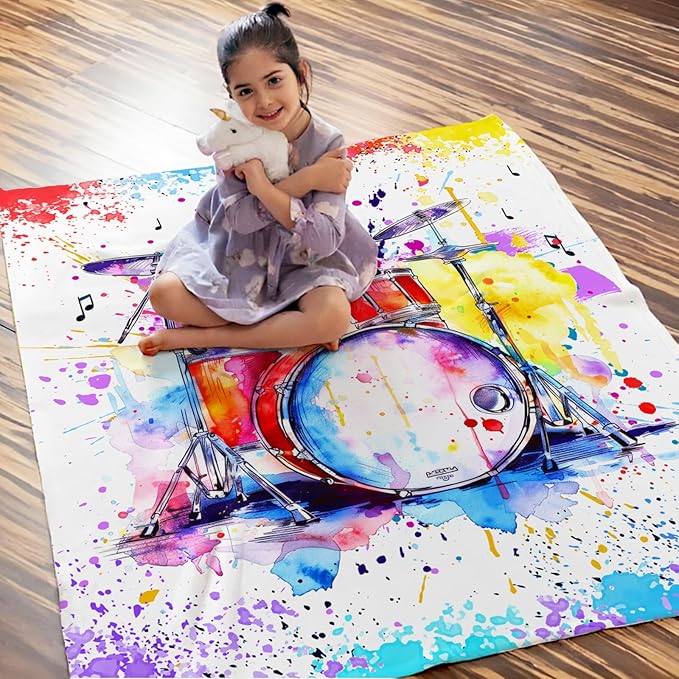 Music Blanket for Kids Teens Adults, 60x80 Inches Drum Kit Throw Blanket Gifts for Music Enthusiast Drummer Boys Girls, Cute Soft Fuzzy Flannel Music Themed Blanket Decor for Couch Sofa Bed
