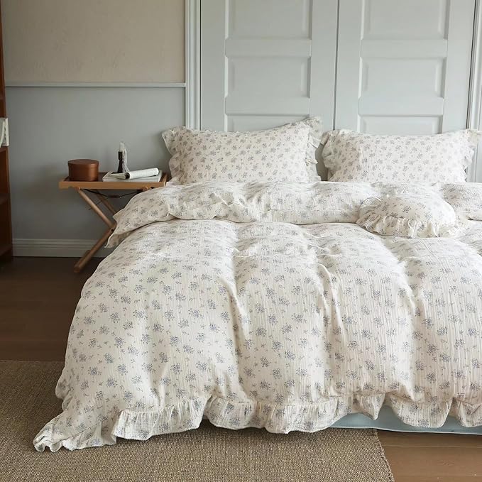 BuLuTu 100% Cotton Muslin Duvet Cover Queen Blue Floral Bedding Set 3 PC, Cottage Core Ruffles Comforter/Quilt Cover Queen with 2 Pillow Cases, Fressia Pattern, Soft Lightweight