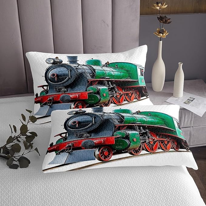 Erosebridal Vehicles Coverlet Set Twin Size Green Train Track Bedspread for Kids Child Boys Man,Transportation Bedding Set Railroad Car Quilt Set Kids Car Theme Room Bedroom Decor Red Green