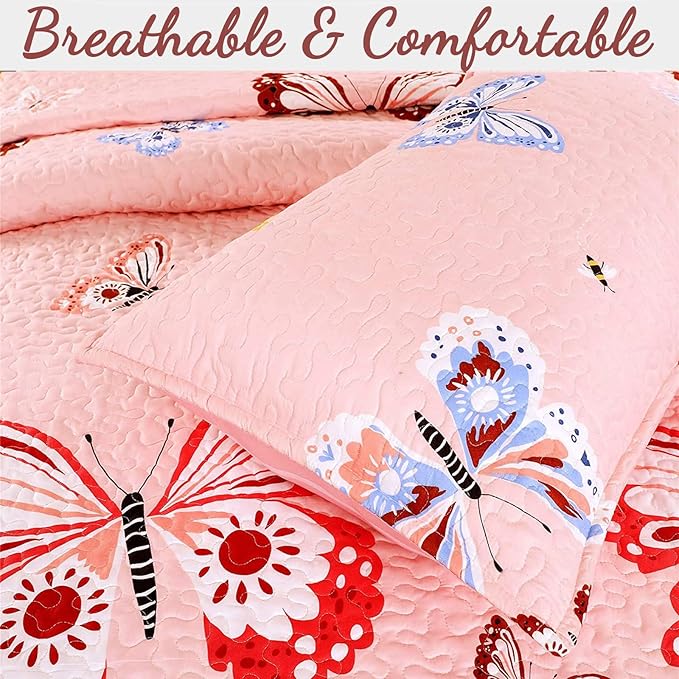 Cozy Line Home Fashions Pink Microfiber Reversible Girls Coverlet Bedspread Quilt Set, Bedspread, Coverlet (Butterflies, Queen - 3 Pieces)