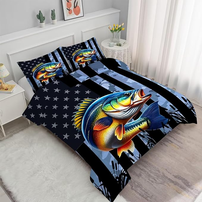 Bass Fish Comforter Set Full/Queen Size American Flag Bedding Set for Men Boys Teens Grey Fishing Lover Bedroom Camouflage Farmhouse Bed Set Wild Quilted, 1 Comforter 2 Pillowcases