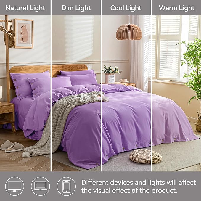 JELLYMONI Cotton Duvet Cover Queen Size - Light Purple Comforter Cover with Button 100% Washed Cotton 3PCS Breathable Soft Solid Bedding Set Duvet Cover 90×90in & 2 Pillowcases (NO Comforter)