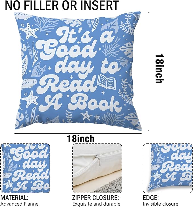 Blue It's A Good Day to Read A Book Classroom Throw Pillow Covers, Sea Coastal Reading Kids Pillows Covers, Ocean Beach Summer Pillow Cases Decor for Library Reading Nook Corner Couch 18x18in