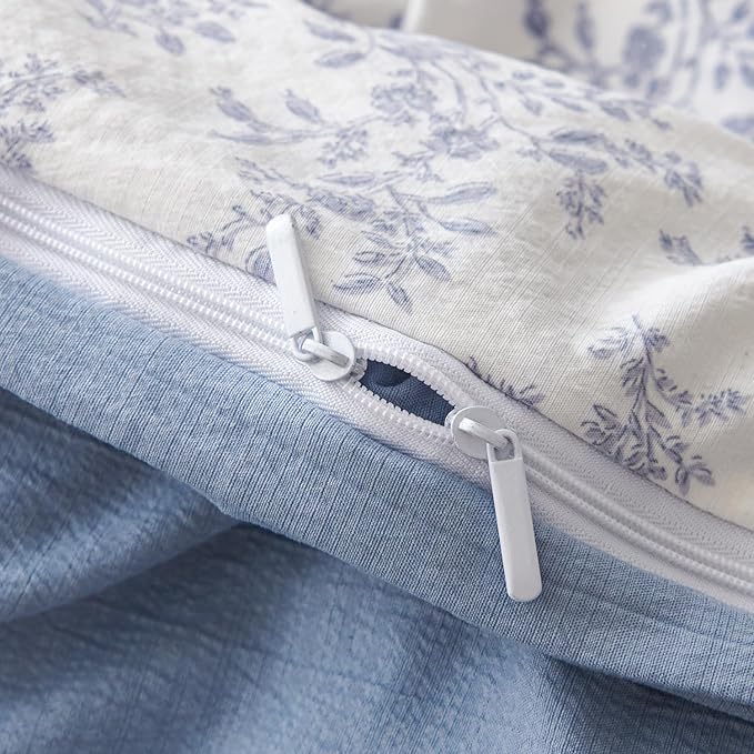 Jane yre King Duvet Cover Floral Soft Brushed Microfiber Crinkle Gauze Fabric 3 Pieces Bedding Set King, Garden Style Blue Pattern King Size Flower Duvet with Zipper Closure, Luxury Breathable Comfy