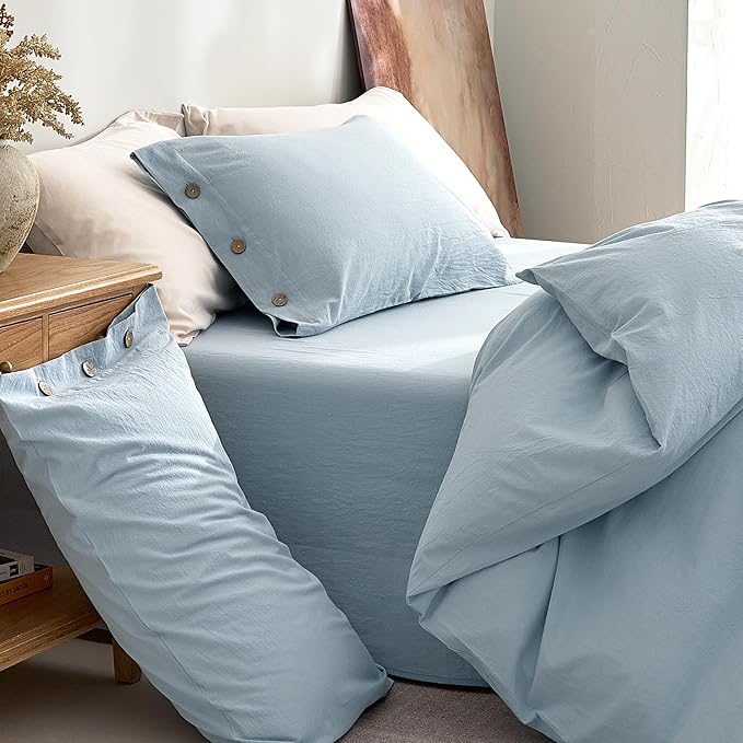 JELLYMONI 100% Washed Cotton Duvet Cover Twin – Soft, Breathable Linen-Look Bedding with Natural Wrinkle Texture, Button Closure, 3-Piece Set (Mist Blue, 68"x90")