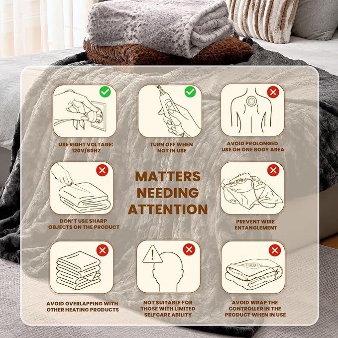 Bearhug Heated Throw Blanket 50" x 60" Electric Throw Warming Blanket Reversible Faux Fur & Sherpa, 6 Heating Levels & 4H Auto Off, Over-Heat Protect, ETL, Washable Heated Blanket Marble Black