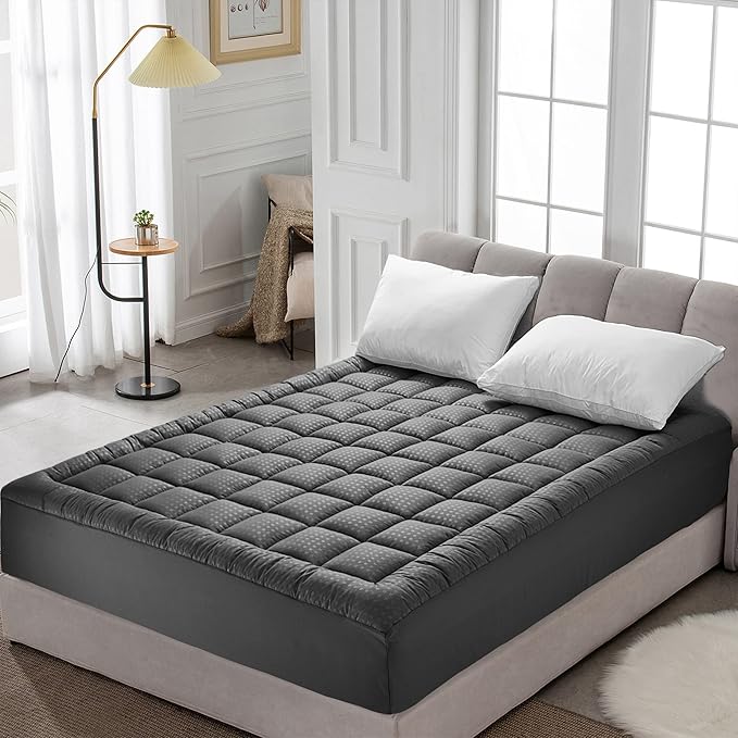 HYLEORY Full Mattress Pad Quilted Fitted Mattress Protector Cooling Pillow Top Mattress Cover Breathable Fluffy Soft Mattress Topper with 8-21" Deep Pocket, Dark Grey