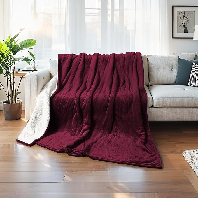 50"x60" Heated Electric Blanket Throw Thickened Flannel and Sherpa Heated Blanket,3 Hours Timer Auto-Off & 5 Heating Levels,for Bedroom Office Couch-WineRed
