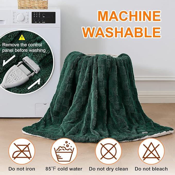 Electric Heated Blanket Full Size - Jacquard Checkered Sherpa 72"x84" Fast Heating Bed Blankets with 6 Heating Levels & 10 Hours Auto Off, Over-Heat Protection ETL, Dark Green