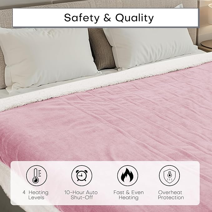 Electric Heated Blanket Full Size 72"x84" - Dual-Sided with Microplush & Sherpa Fabric, 4 Heat Settings & 10 Hours Auto Off, Machine Washable - Pale Pink