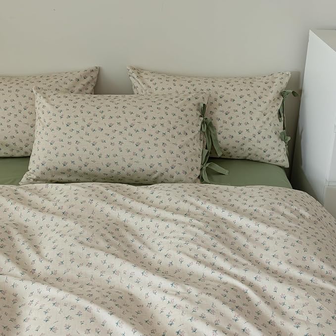 AOJIM Green Floral Print Duvet Cover Set for Kids Adults, 100% Cotton Soft Bedding Comforter Cover 3pcs for Room Decor, 1 Exquisite Quilt Cover Twin Size and 2 Pillowcases with Bow Ties, No Comforter