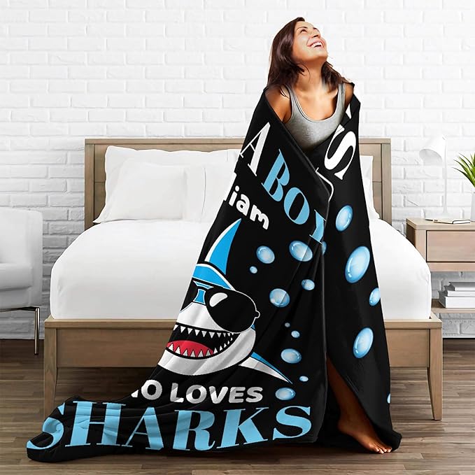 Custom Just A Boy Who Loves Sharks Blankets Gifts for Kids Adult On Bed Sofa,Personalized Premium Flannel Blankets for Birthday Christmas Thanksgiving All Season Use 90''x 120'' -XL