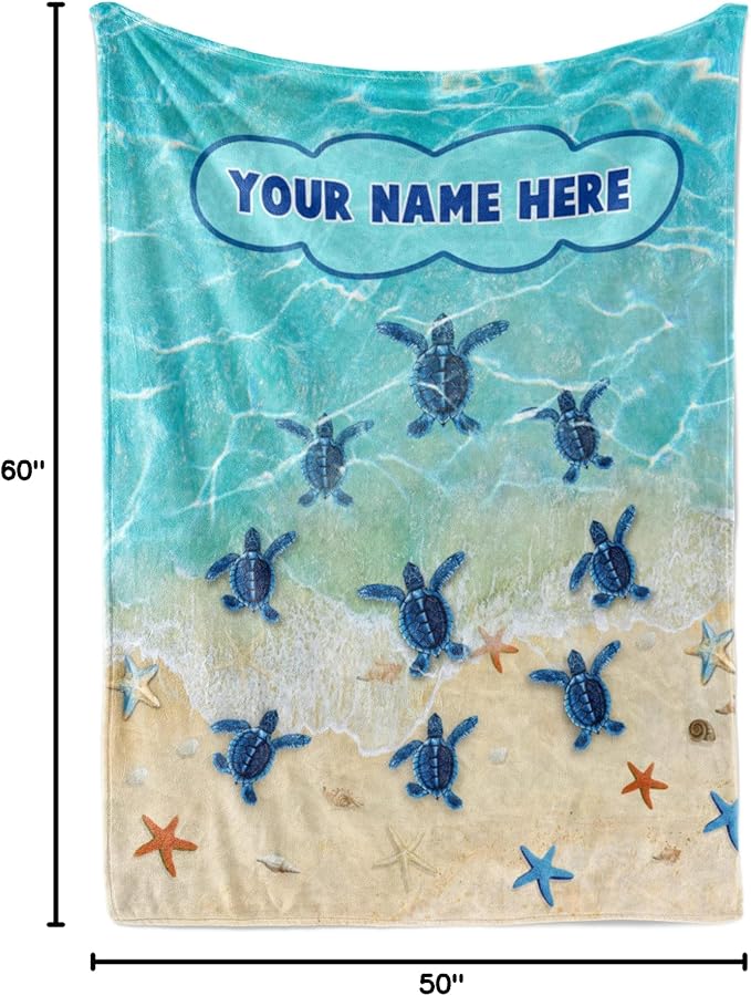 Personalized Sea Turtles Blanket Gift | Custom Blanket for Girls and Boys | Plush Fleece Throw Blanket for Kids | Turtle Gifts for Birthdays | Sea Turtles Beach Nautical Theme (50x60, Fleece)