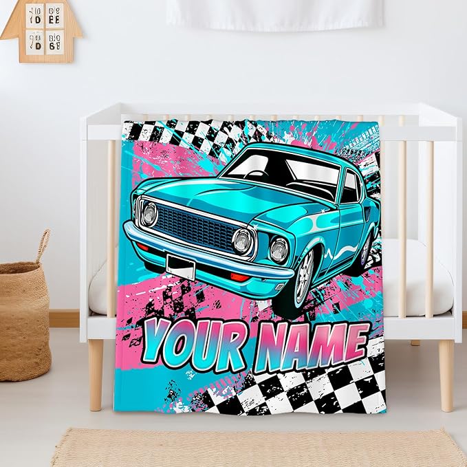 Boys Blanket Gifts Personalized Cars Blankets for Kids Teens Adults - 60" x 80" Custom Name Cool Car Themed Soft Lightweight Flannel Throws for Couch, Sofa, Bedroom Decor