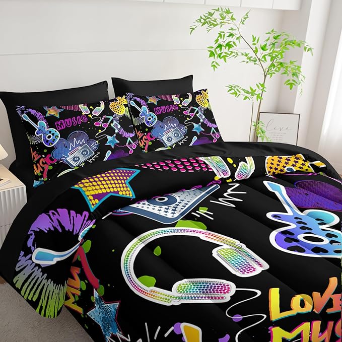Colorful Guitar Comforter 7Pcs Musical Note Headphone Radio Star Bedding Set for Kid Teen Girl Boy Adult Cartoon Rock Music Quilt Bed Set Twin with 2 Sheets,2 Pillowcases,2 Throw Pillow Covers