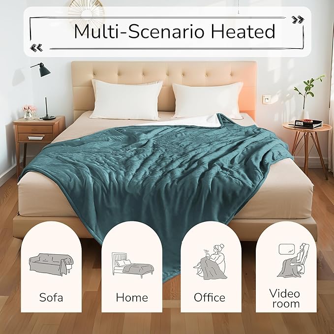 Electric Heated Blanket Throw Size 50"x60" - Dual-Sided with Microplush & Sherpa Fabric, 4 Heat Settings & 3 Hours Auto Off, Machine Washable - Teal