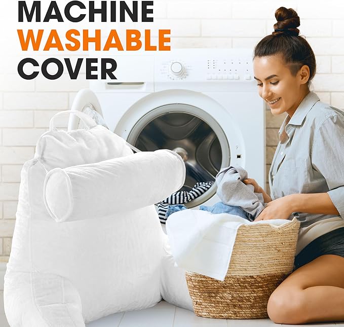 Cheer Collection Reading Pillow Chair - Chair Pillow with Arms and Detachable Neck Bolster for Bed & Couch - Machine Washable, White