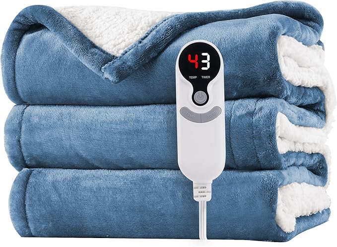 Electric Heated Blanket Throw Size 50"x60" - Flannel & Sherpa Fabric Dual-Sided, 6 Heat Settings & 1-3 Hours Auto Off, Soft & Cozy Warming Throw for Home, Office, or Bed, Machine Washable, Slate Blue