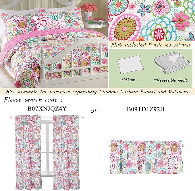 Cozy Line Home Fashions Pink Floral Polka Dot Colorful Reversible Quilt Bedding Set, Coverlet, Bedspreads for Girls (Mariah, Twin - 2 Piece)