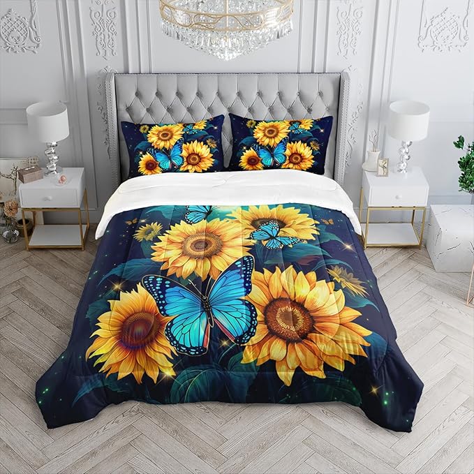 Yellow Sunflower Bedding Blue Butterfly Comforter 3Pcs Twin Black Floral Botanical Pattern Quilt Set for Kid Teen Girl Boy Romantic Starlight Bed Decor Set with 1 Comforter and 2 Pillowcases