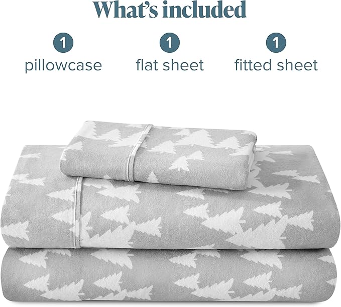 Bare Home Flannel Sheet Set Prints, 100% Cotton, Velvety Soft Heavyweight - Christmas Sheets - Double Brushed Flannel for Extra Softness & Comfort - Deep Pocket - Holiday Sheets (Twin, Winter Trees)