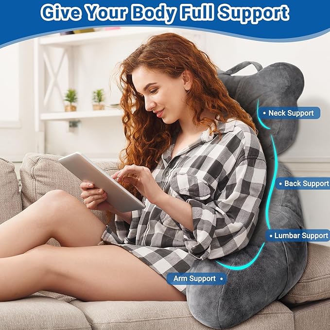 Reading Pillow, Back Pillow with Pockets for Bed Sitting Up, Large Reading Pillows for Sitting in Bed Adult, Back Pillow for Reading/Resting