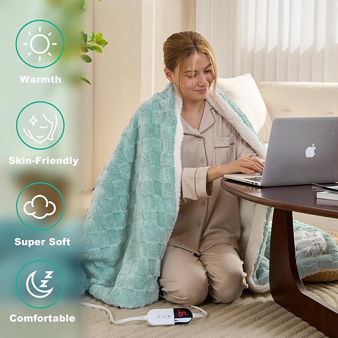 Electric Blanket, Heated Blanket with 6 Heat Levels & 10 Hours Auto Off, Soft Checked Flannel Fast Heating Blanket with ETL & FCC Certification (Green, 62"X84")
