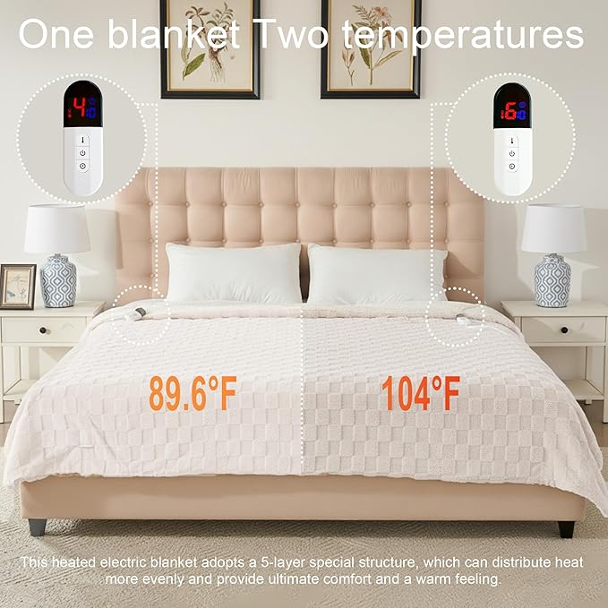 Electric Blanket Dual Control, Heated Blanket Flannel with 6 Heat Levels, 10 Time Settings, Soft Thicken Heating Blanket with ETL Certification (White, 90"X100")