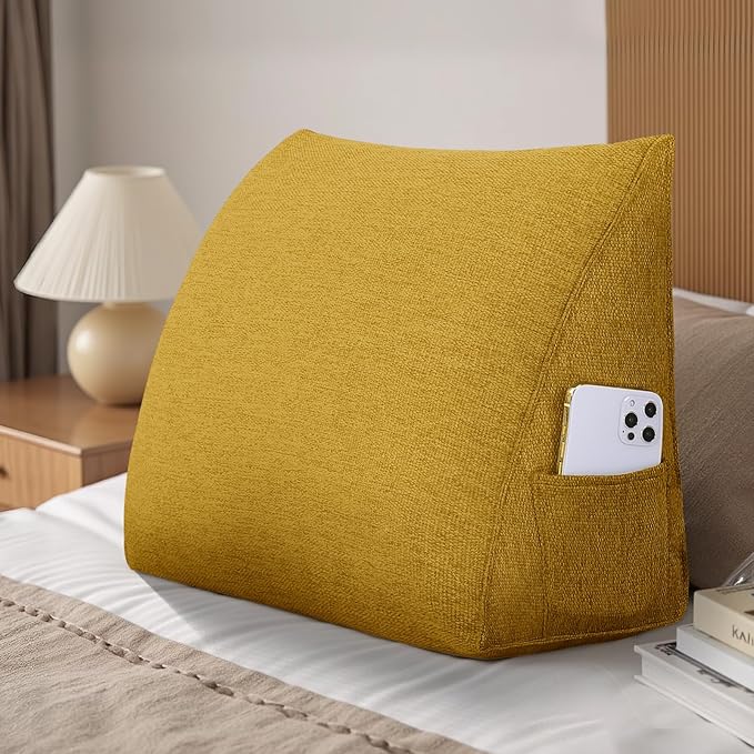 Wedge Headboard Reading Pillow for Bed Linen Triangular Backrest Bolster Pillow for Sitting Up Daybed Cushion Lumbar Body Support Positioning for Headboard, Couch, Dorm, Yellow
