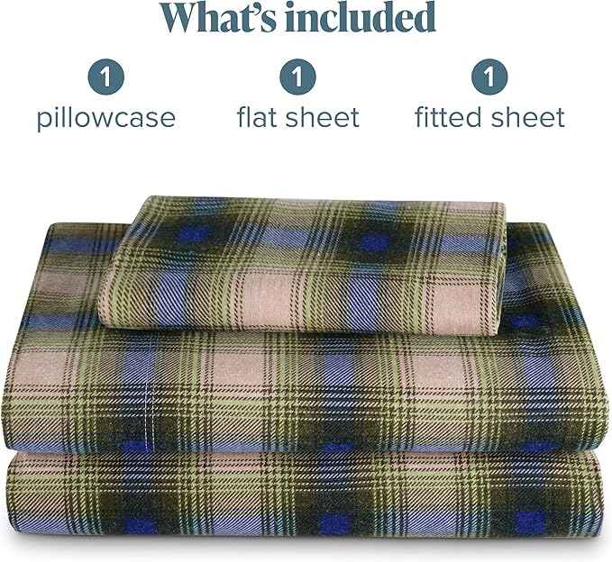 Bare Home Cotton Flannel Sheet Set Prints, 100% Cotton, Velvety Soft Heavyweight - Double Brushed for Softness & Comfort - Deep Pocket - Bed Sheets (Twin, Voyageur Plaid - Green)