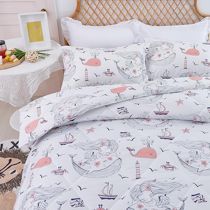 JSD Mermaid Comforter Set Queen Size, 3 Piece Girls Ocean Theme Printed Comforter with Pillow Shams Machine Washable