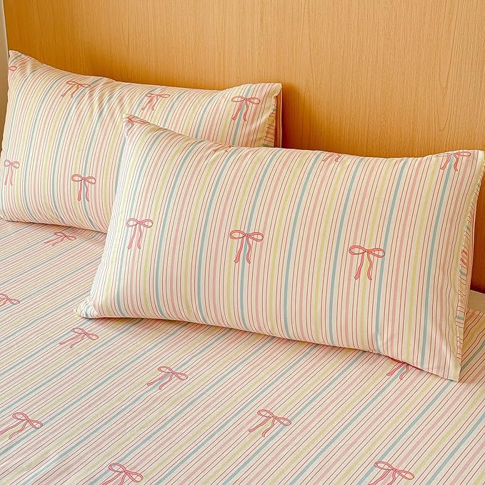 AOJIM Pink Bow Duvet Cover Set 3PCS for Kids Adults, 1 Soft Breathable Cotton Comforter Cover Full Size and 2 Pillowcases, Rainbow Striped Bedding Duvet Cover Set for Room Decor, Machine Washable