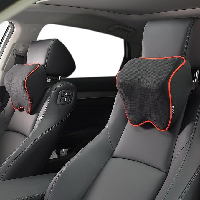 Crofy 2 Pack Car Neck Pillow, Softness Car Headrest Pillow for Driving with Adjustable Strap, 100% Memory Foam and Breathable Removable Cover, Comfortable Ergonomic Design (Red Side Rope)